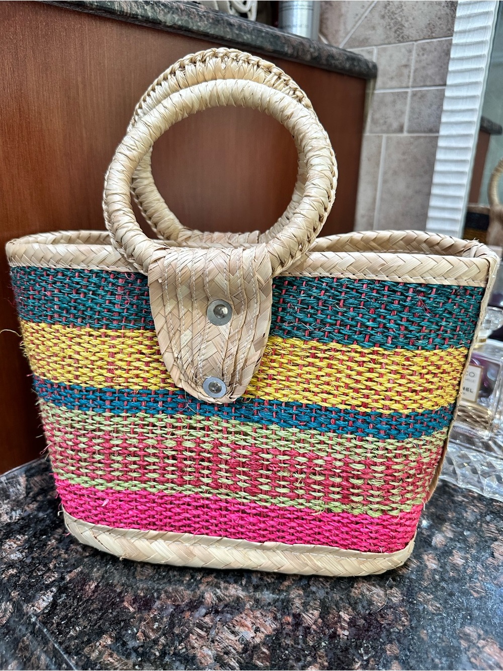 Woven Multicolor Straw Tote Bag - Natural Pink Yellow Blue